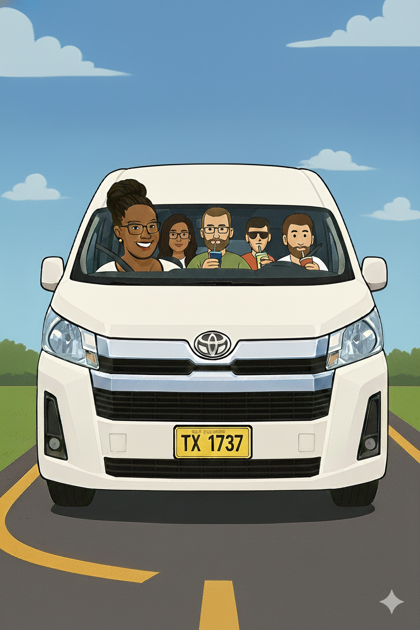 Losette driving guests in her taxi van